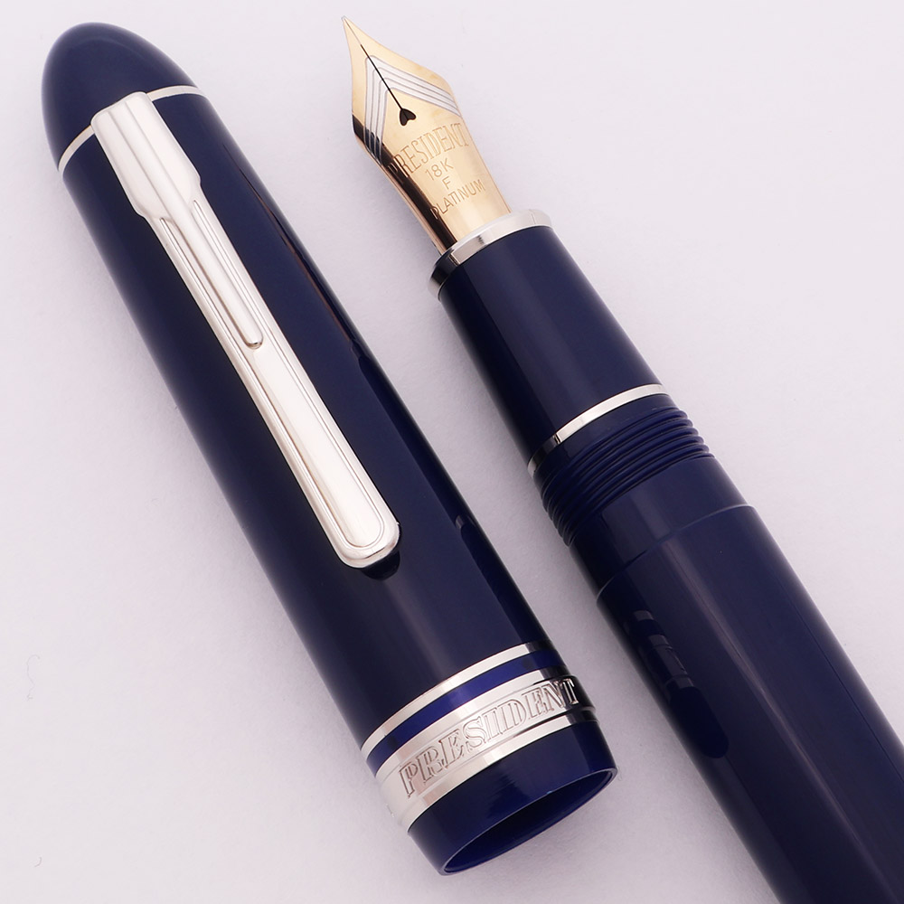 Platinum President Fountain Pen - Dark Blue w Rhodium Trim, C/C